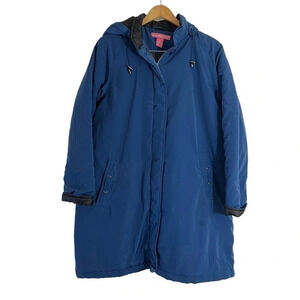 Woman Within Blue Puffer Coat 14W Hooded Full Zip Pockets Snap Buttons Long